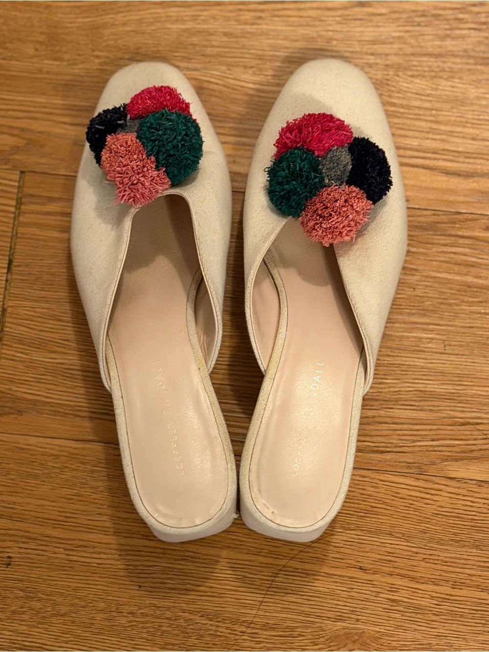 Loeffler Randall Cream Slip-On Mules with Multicolor Pom Poms